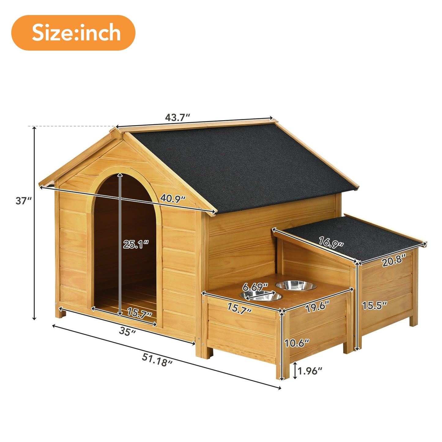 51.18" L x 43.7" W x 37" H Large Size Wooden Dog House, Dog Crate For large dog breeds, Cabin Style Raised Dog Shelter with Asphalt Roof, Solid Wood, Weatherproof, Nature