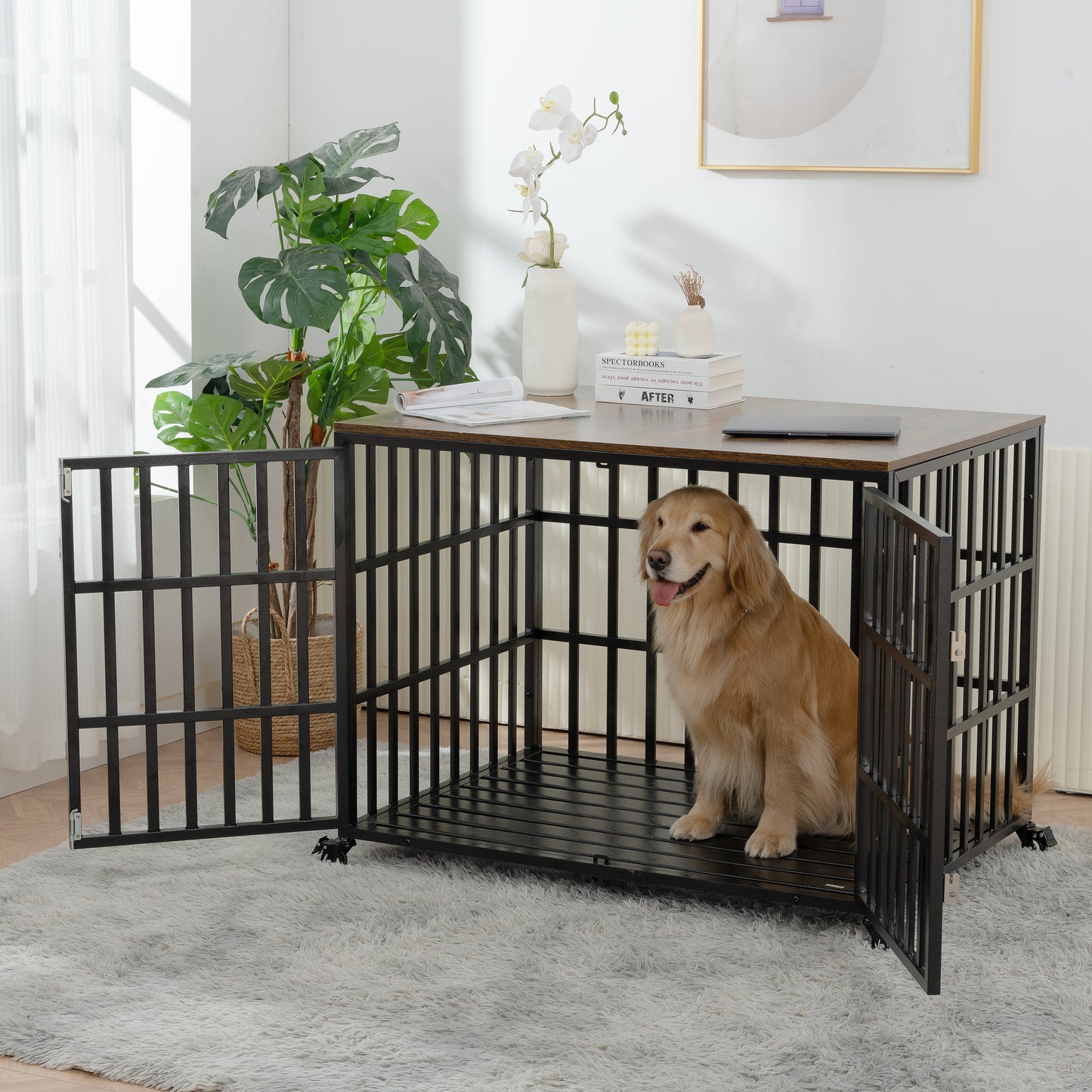 42" Heavy Duty Dog Crate for Large Medium Dogs, Furniture Style cage with 4 Lockable Wheels and 2 Locks, Decorative Pet House Wooden Cage Kennel Furniture Indoor