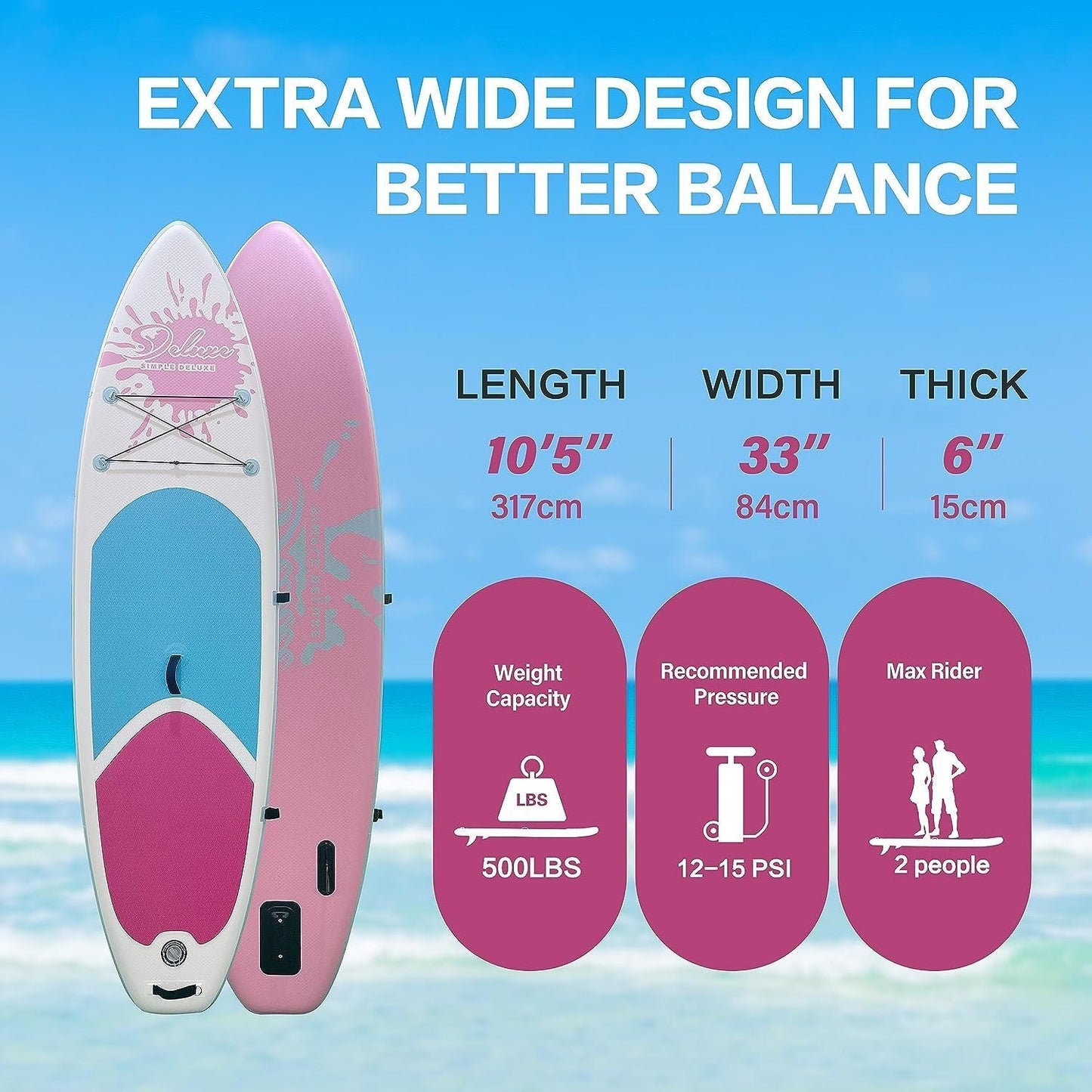 Inflatable Stand Up Paddle Board "Simple Deluxe Premium SUP for All Skill Levels, Pink Paddle Boards for Adults & Youth, Blow Up Stand-Up Paddleboards with Accessories & Backpack, Surf Control