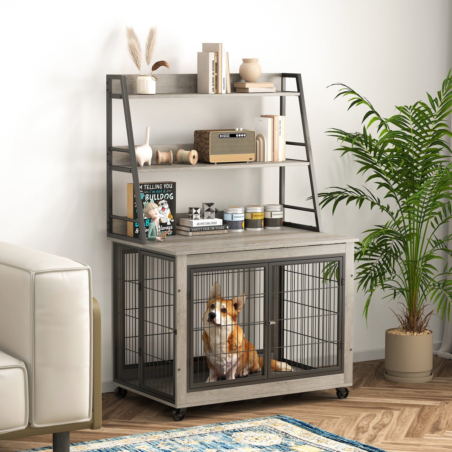 Furniture style dog crate side table with shelves, equipped with double doors and a raised roof. Grey, 38.58 "w x 25.5 "d x 57 "h