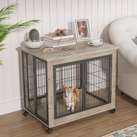 Furniture Dog Cage Crate with Double Doors on Casters. Grey, 31.50" W x 22.05" D x 24.8" H.