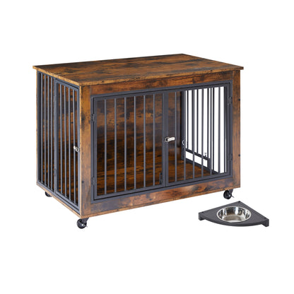 Furniture Style Dog Crate Side Table With Rotatable Feeding Bowl, Wheels, Three Doors, Flip-Up Top Opening. Indoor, Rustic Brown, 38.58"W x 25.2"D x 27.17"H