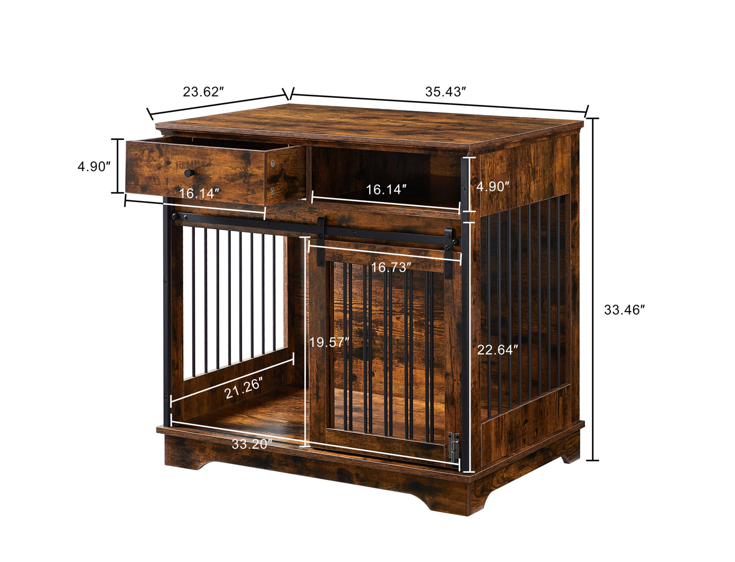 Sliding door dog crate with drawers. Rustic Brown, 35.43" W x 23.62" D x 33.46" H