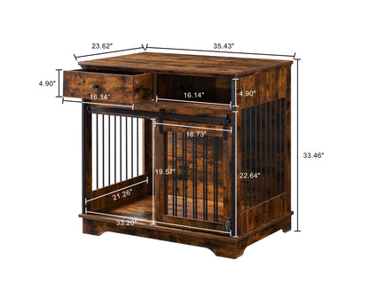 Sliding door dog crate with drawers. Rustic Brown, 35.43" W x 23.62" D x 33.46" H