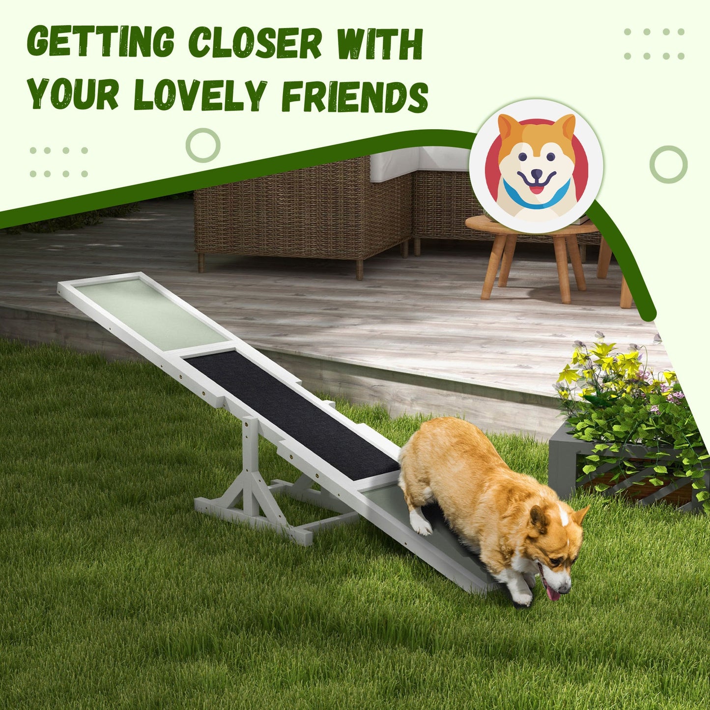 Wooden Dog Agility Seesaw for Training and Exercise, Platform Equipment Run Game Toy, Weather Resistant Pet Supplies, 71" L x 12" W x 12" H, White