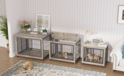 Furniture Style Dog Crate Side Table on Wheels with Double Doors and Lift Top. Grey, 43.7" W x 30" D x 31.1" H.