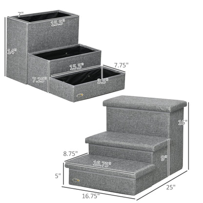 3-Steps Pet Stairs with Storage, Dog Steps for Couch, Bed, Pet Steps for Injured Pet, Older Pets, Small Cats, gray