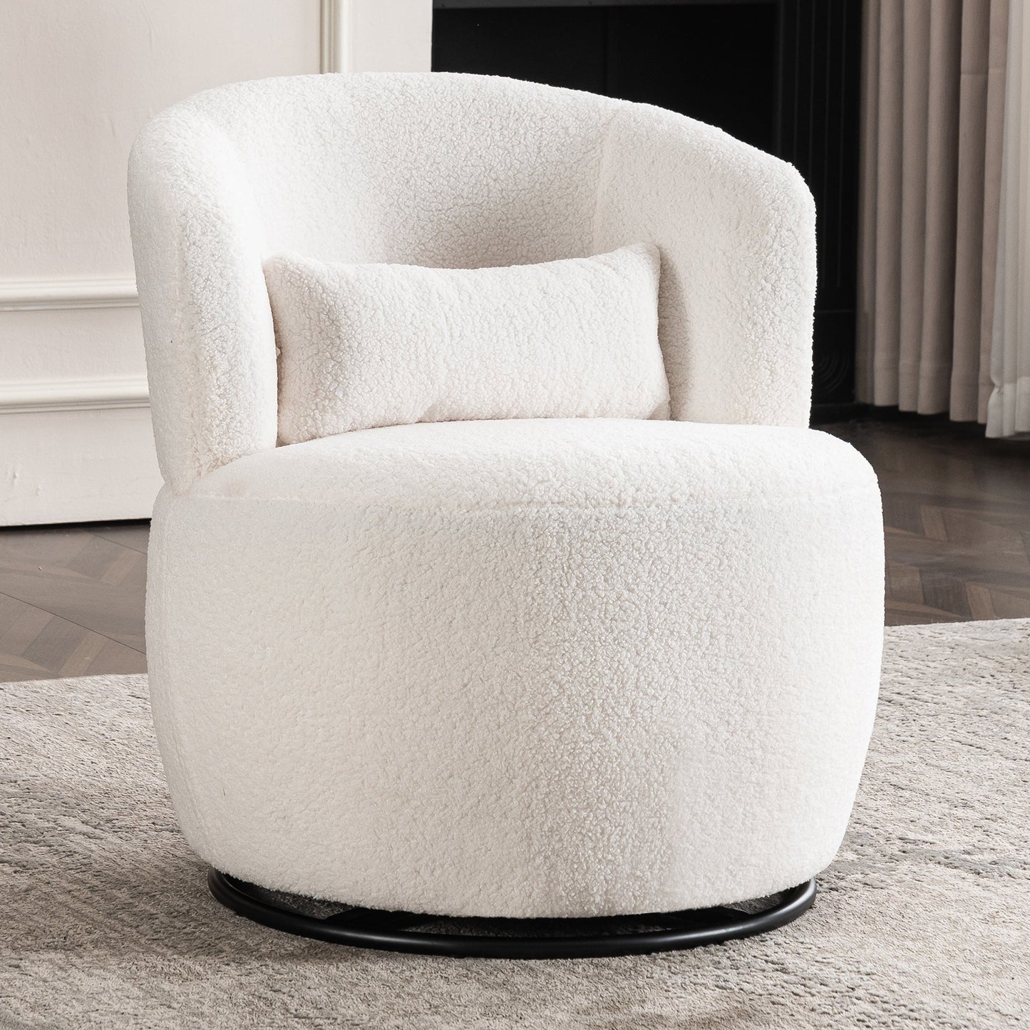 White Plush Swivel Accent Chair - Contemporary Round Armchair with 360 Rotation and Metal Base for Living Room Elegance