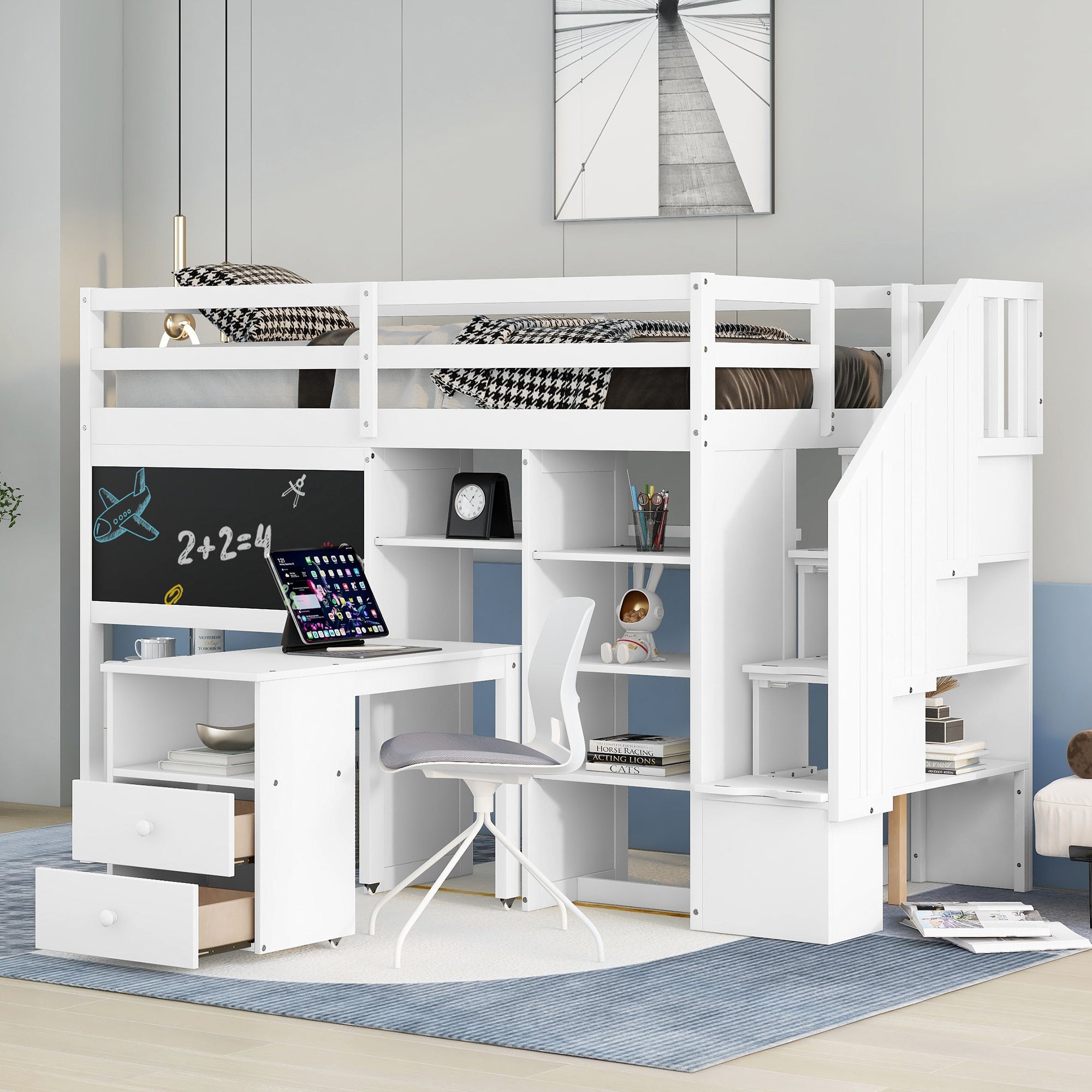 Twin Size Loft Bed with Pullable Desk and Storage Shelves,Staircase an ...