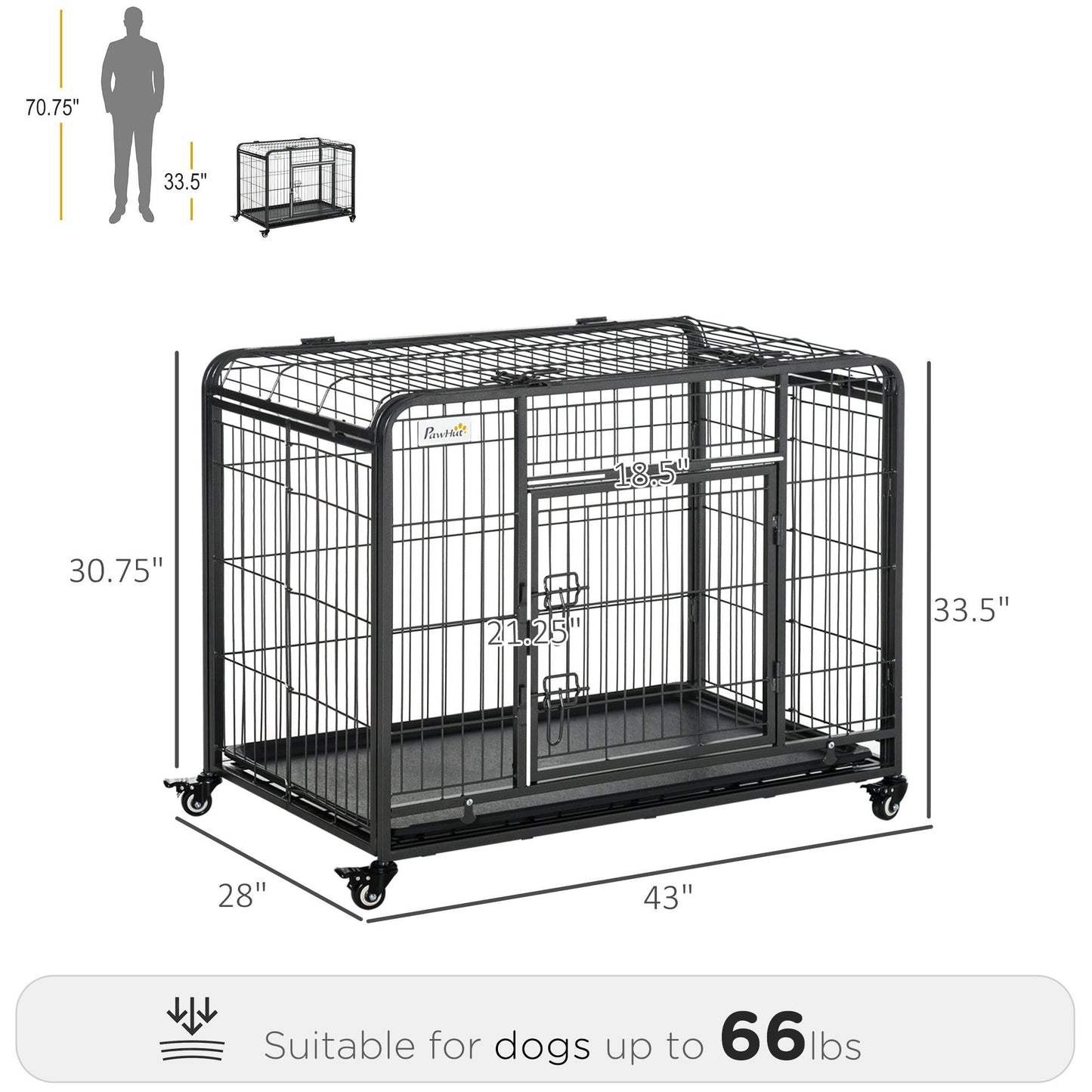 Folding Design Heavy Duty Metal Dog Cage Crate & Kennel with Removable Tray and Cover, & 4 Locking Wheels, Indoor/Outdoor 43"