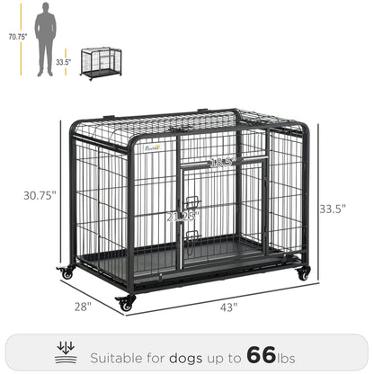 Folding Design Heavy Duty Metal Dog Cage Crate & Kennel with Removable Tray and Cover, & 4 Locking Wheels, Indoor/Outdoor 43"