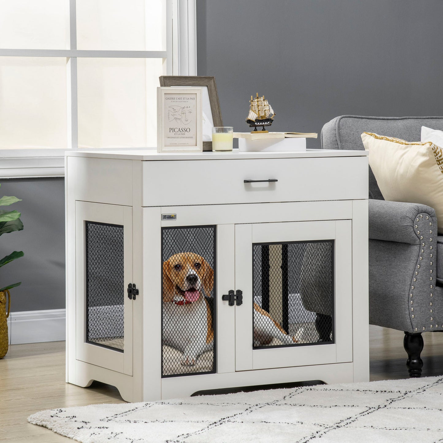 Dog Crate Furniture with Soft Water-Resistant Cushion, Dog Crate End Table with Drawer, Puppy Crate for Small Dogs Indoor with 2 Doors, White