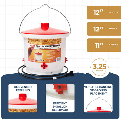 Farm Innovators Heated 2 Gallon Poultry Water Bucket Drinker, White/Red (3 Pack)