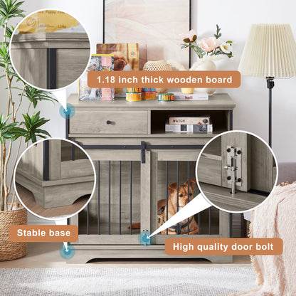 Sliding door dog crate with drawers. Grey,35.43" W x 23.62" D x 33.46" H