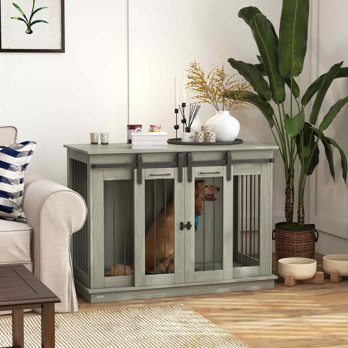 Dog Crate Furniture with Divider, Dog Crate End Table for Small to Large Dogs, Large Indoor Dog Kennel with Double Doors, 47"W x 23.5"D x 35"H, Gray