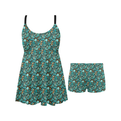 All Turquoise Swim Dress & Shorts Set