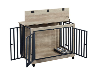 Furniture Style Dog Crate Side Table With Feeding Bowl, Wheels, Three Doors, Flip-Up Top Opening. Indoor, Grey, 38.58"W x 25.2"D x 27.17"H