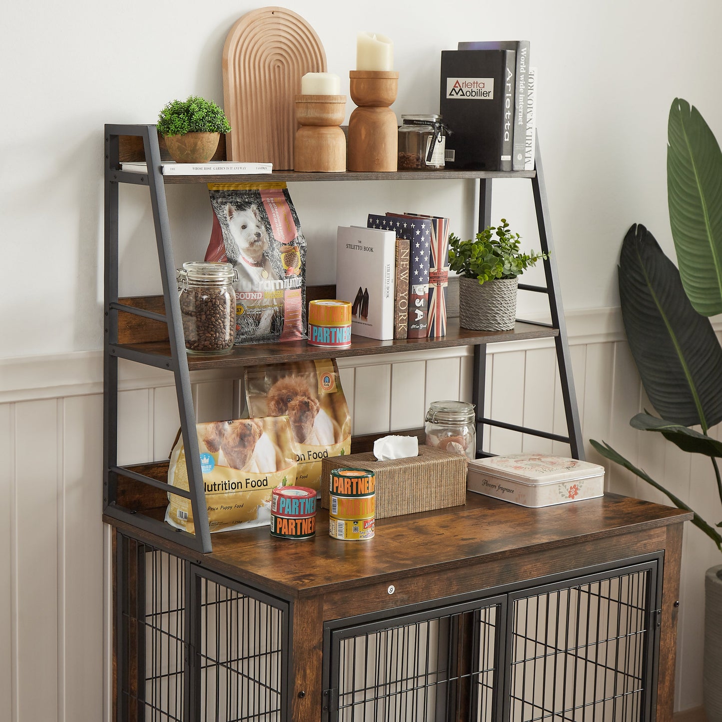 Furniture style dog crate side table with shelves, equipped with double doors and a raised roof. Rustic Brown, 38.58 "w x 25.5 "d x 57 "h