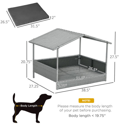 Wicker Dog House Outdoor with Canopy, Rattan Dog Bed with Water-resistant Cushion, for Small and Medium Dogs, Gray