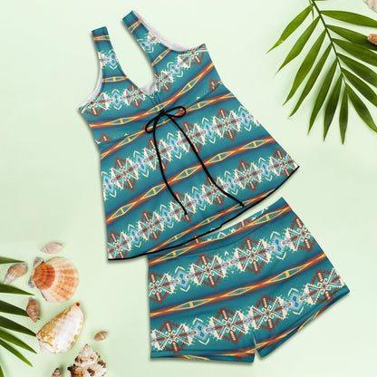 Teal Aztec Tankini & Boy Shorts Swim Set