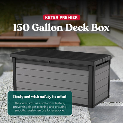 Keter Premier 150 Gallon Deck Box w/Polypropylene Construction for Storage, Gray