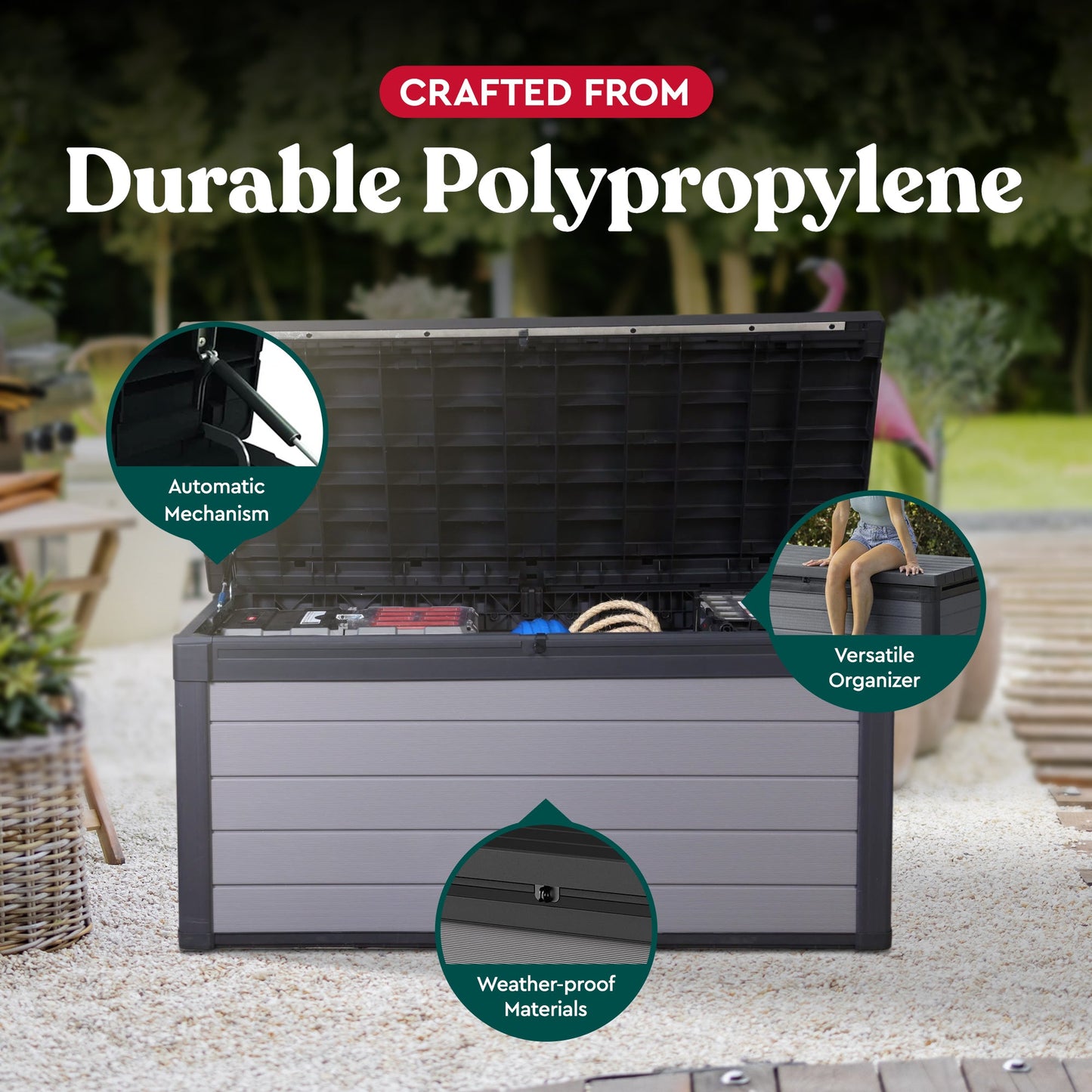 Keter Premier 150 Gallon Deck Box w/Polypropylene Construction for Storage, Gray