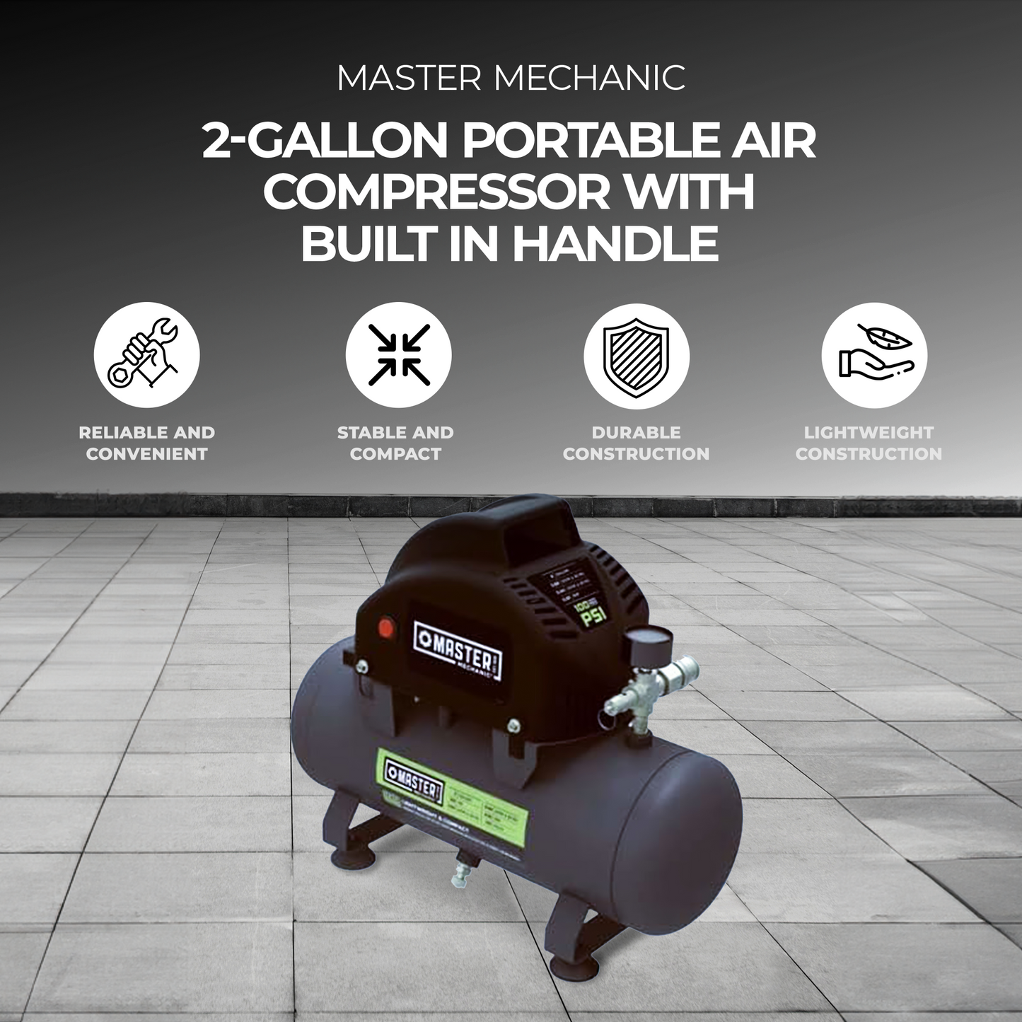 Master Mechanic Portable Air Compressor with Built In Handle, 2 Gallon, Black