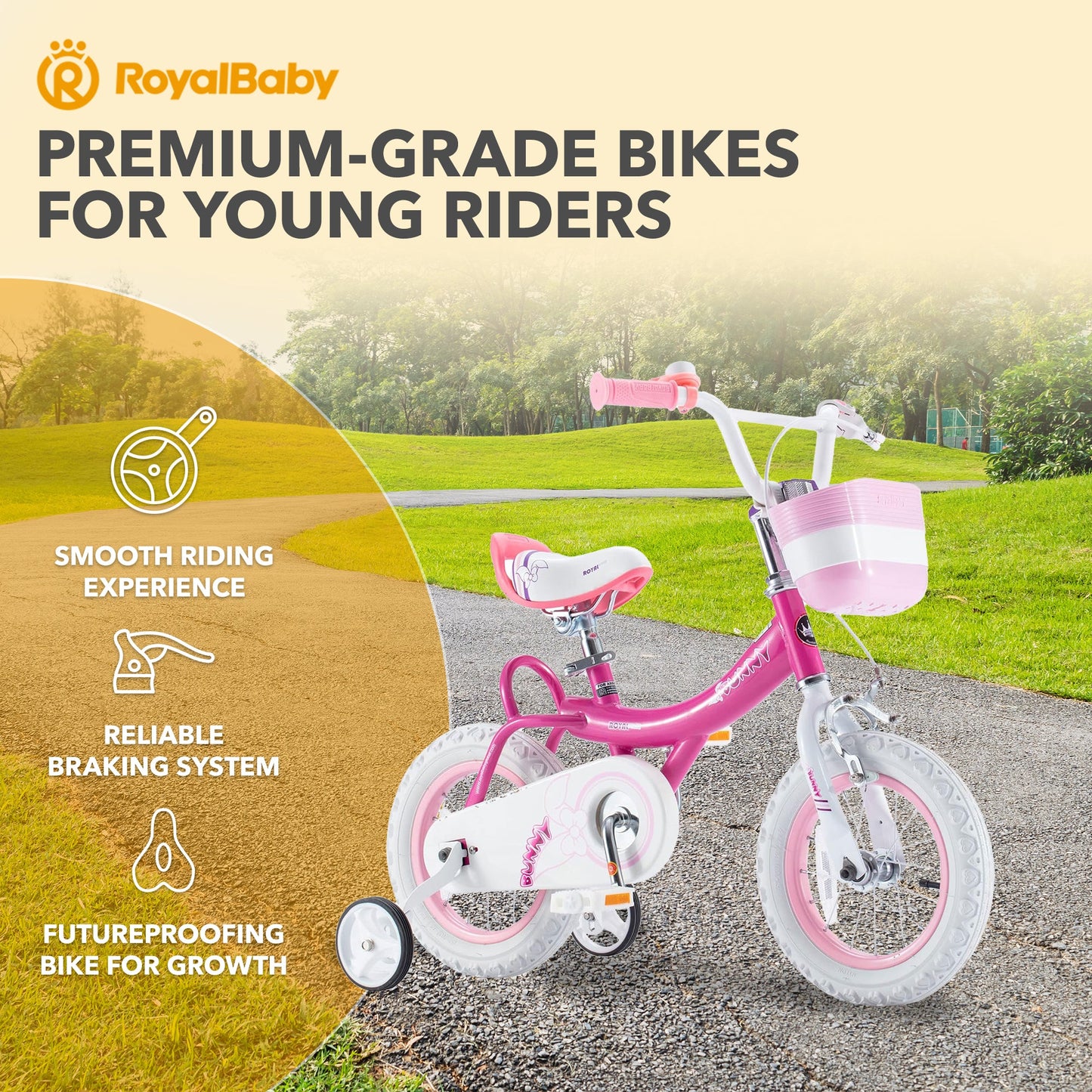 RoyalBaby Princess Girl Bike 16" w/Training Wheels & Kickstand, Bunny/Fuchsia