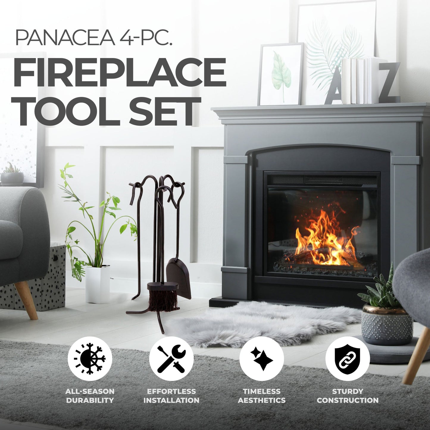 Panacea 4 Piece Fireplace Tool Set with Brush, Shovel, Poker, and Stand, Black