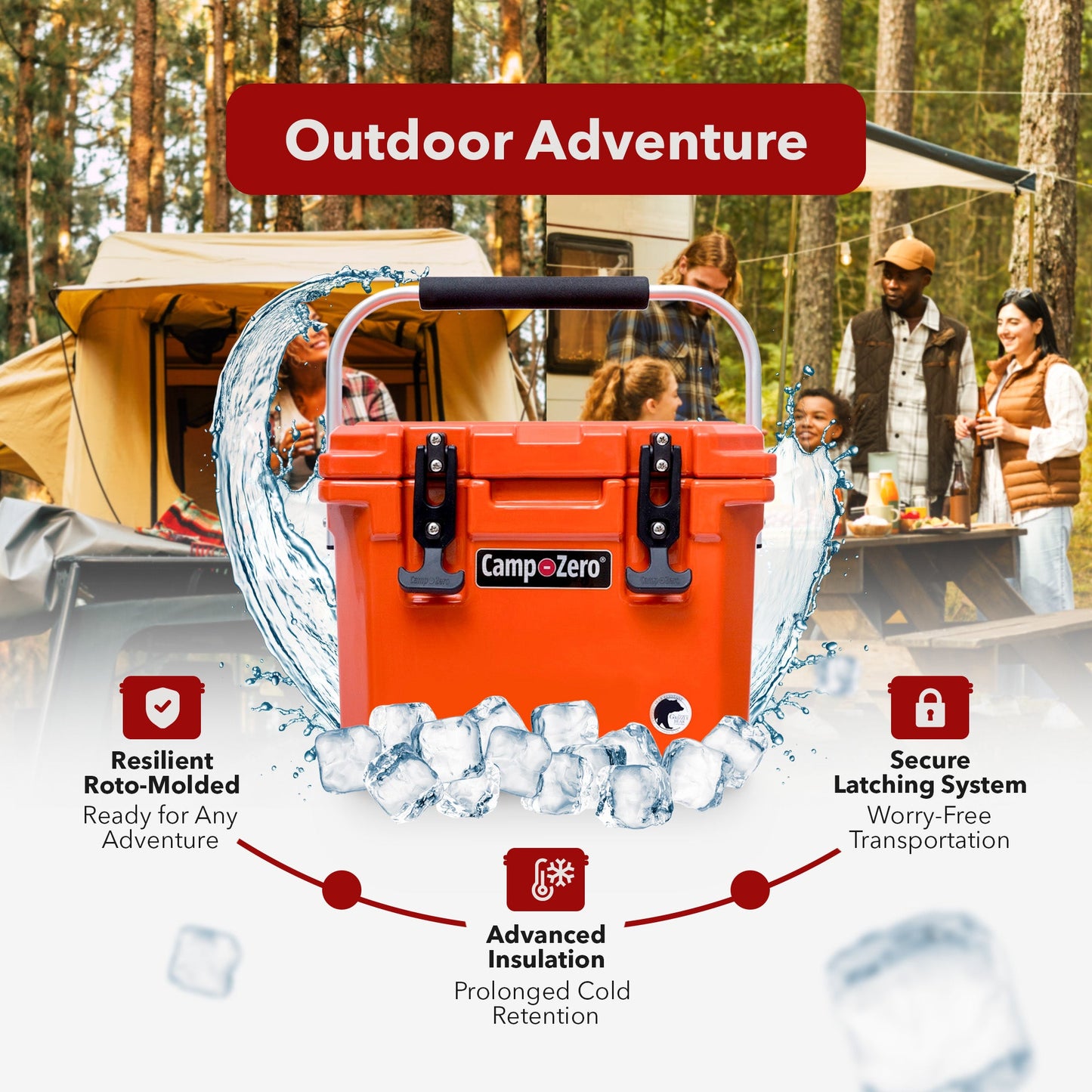 CAMP-ZERO 10 Liter 10.6 Quart Lidded Cooler with 2 Molded In Cup Holders, Orange