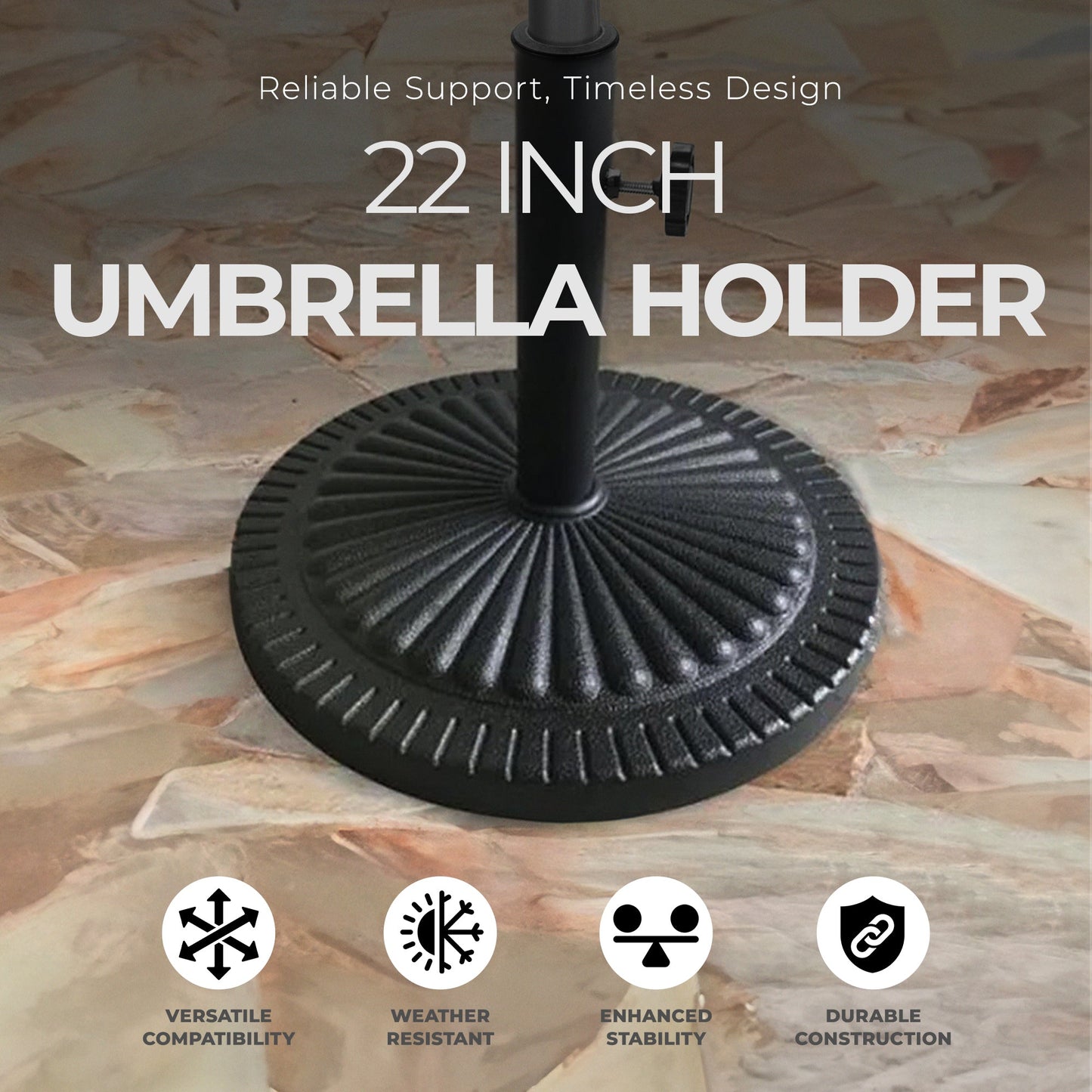 Four Seasons Courtyard 22 Inch Umbrella Base Fits Up To 2" Umbrella Pole, Black