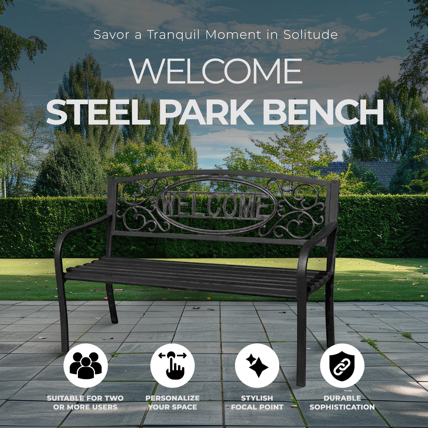 Four Seasons Courtyard Welcome Steel Park Bench with 500 Pound Capacity, Black