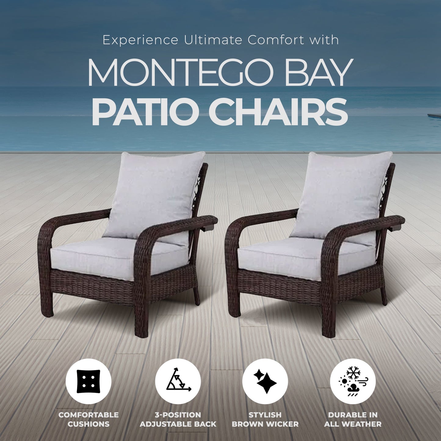 Four Seasons Courtyard Montego Bay Set of 2 Adjustable Patio Chairs w/ Cushions