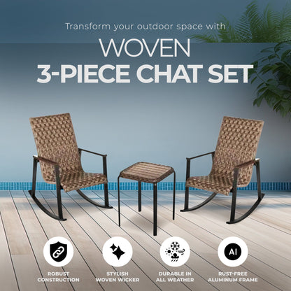 Four Seasons Courtyard Bayside 3 Piece All Weather Woven Wicker Chat Set, Brown