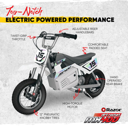 Razor Dirt Rocket 24V Electric Toy Motocross Dirt Bike, White (Damaged)