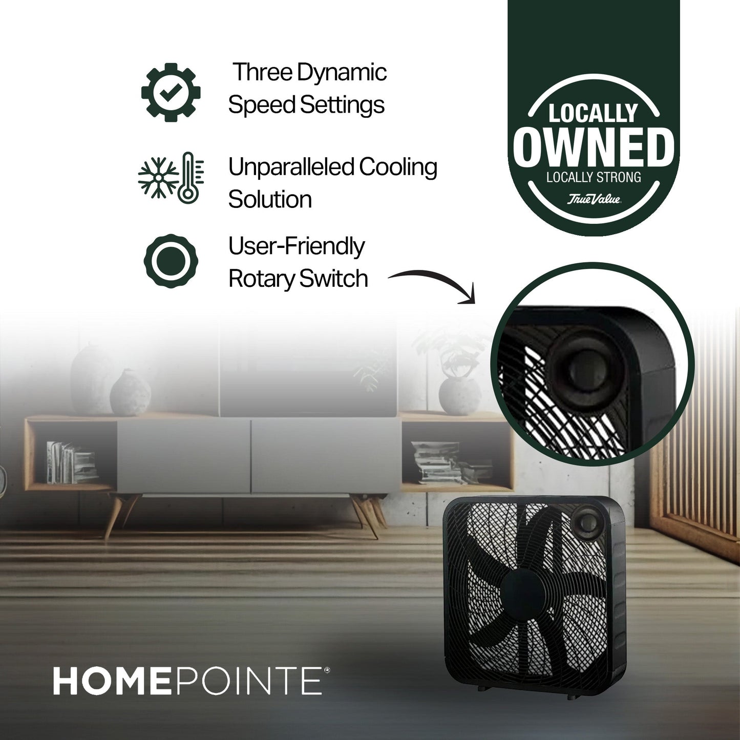 HomePointe 20 Inch Indoor Sleek Plastic Box Fan with 3 Speed Settings, Black