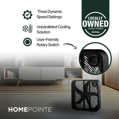HomePointe 20 Inch Indoor Sleek Plastic Box Fan with 3 Speed Settings, Black