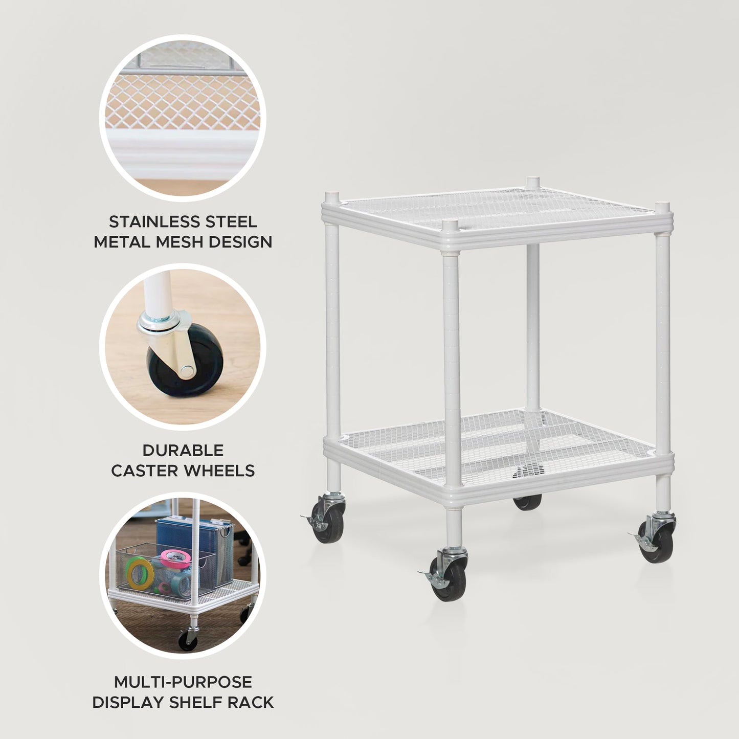 Design Ideas MeshWorks 2 Tier Wheeled Metal Storage Shelving Unit Cart, White