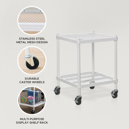 Design Ideas MeshWorks 2 Tier Wheeled Metal Storage Shelving Unit Cart, White