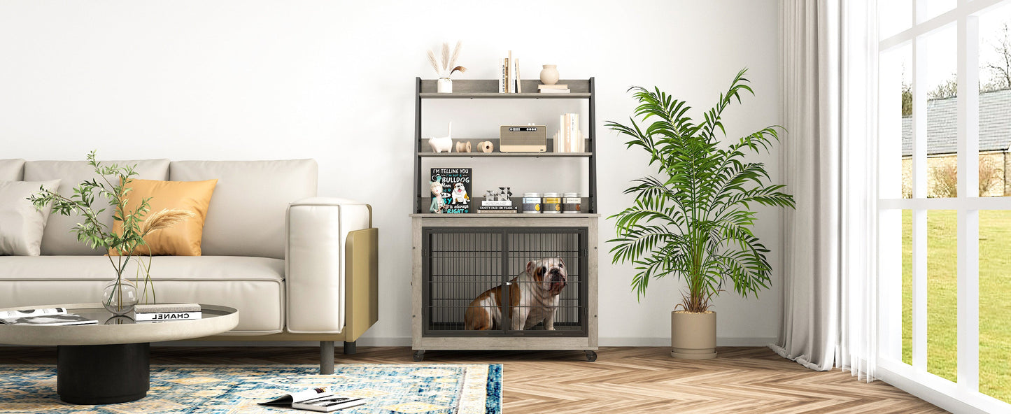 Furniture style dog crate side table with shelves, equipped with double doors and a raised roof. Grey, 38.58 "w x 25.5 "d x 57 "h