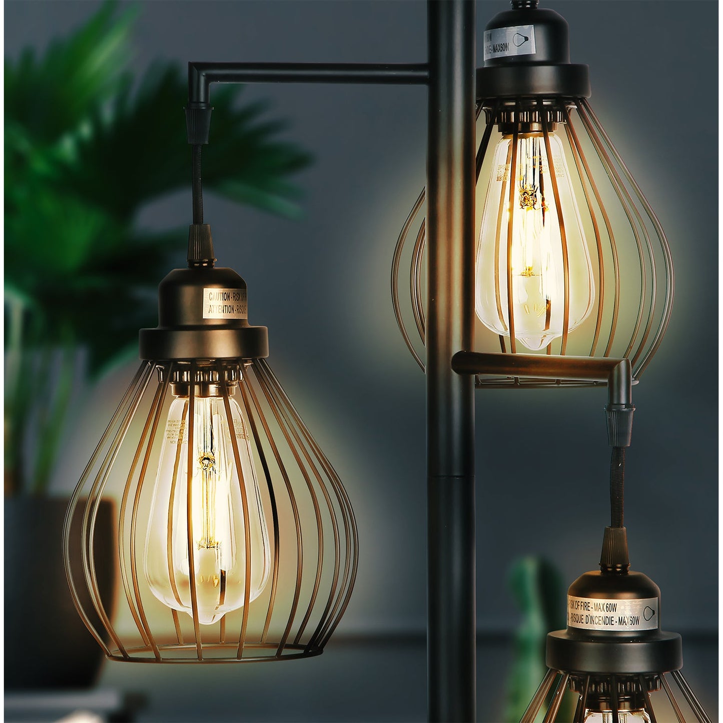 Brightech Teardrop Standing Floor LED Light Lamp Pole with 3 Cage Heads, Black