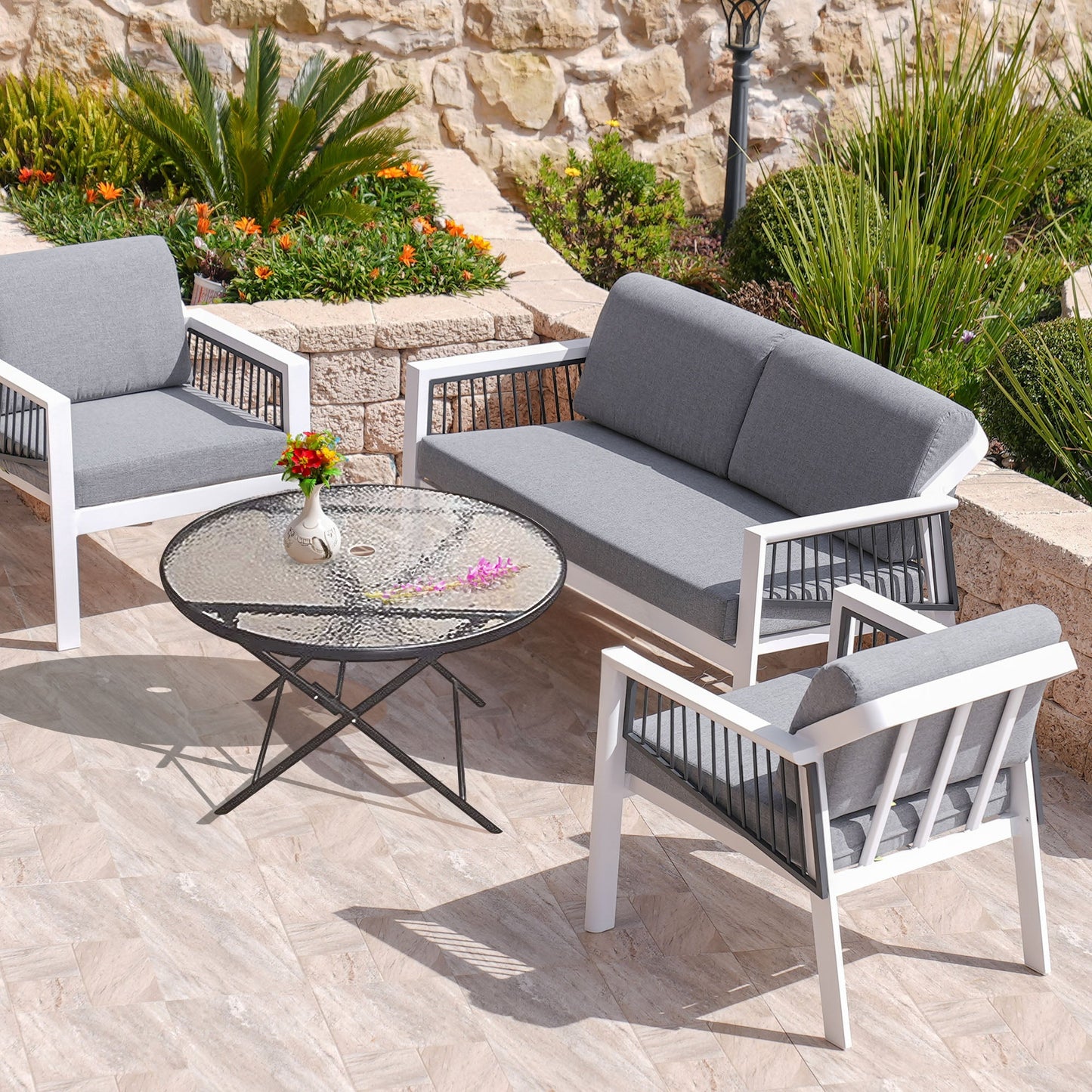 Four Seasons Courtyard Marbella Glass Top Dining Table with Umbrella Hole, Black