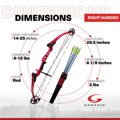 Genesis Mini, Youth Compound Bow and Arrow Kit with Quiver, Draw Hand-Right, Red