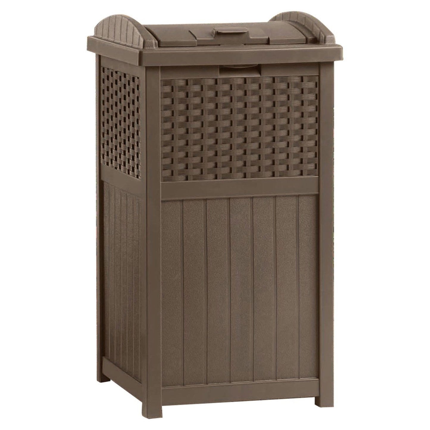 Suncast 73 Gallon Deck Box & Wicker Trash Hideaway Outdoor Garbage Bin, Java