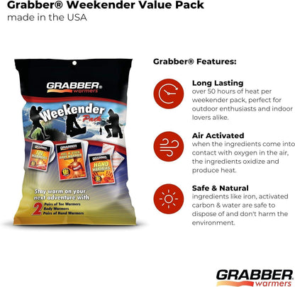 Grabber Warmers Weekender Multi-Warmer Pack, 2 Pair Hand, 2 Pair Toe, 2 Peel N' Stick Body Warmers, 6-Count