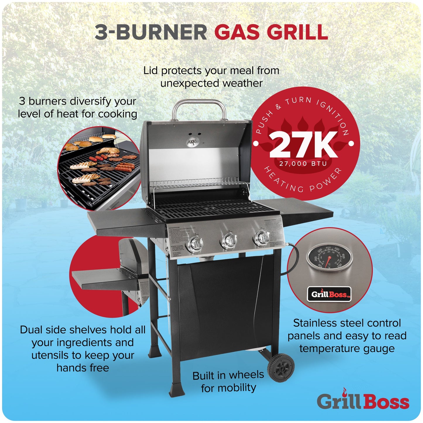 Grill Boss GBC1932M 3 Burner Gas Grill with Top Cover and Side Shelves, Black