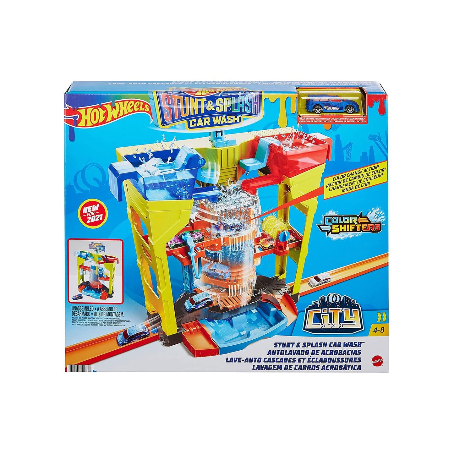 Hot Wheels City Stunt & Splash Car Wash Playset w/ Color Changing 1:64 Scale Car
