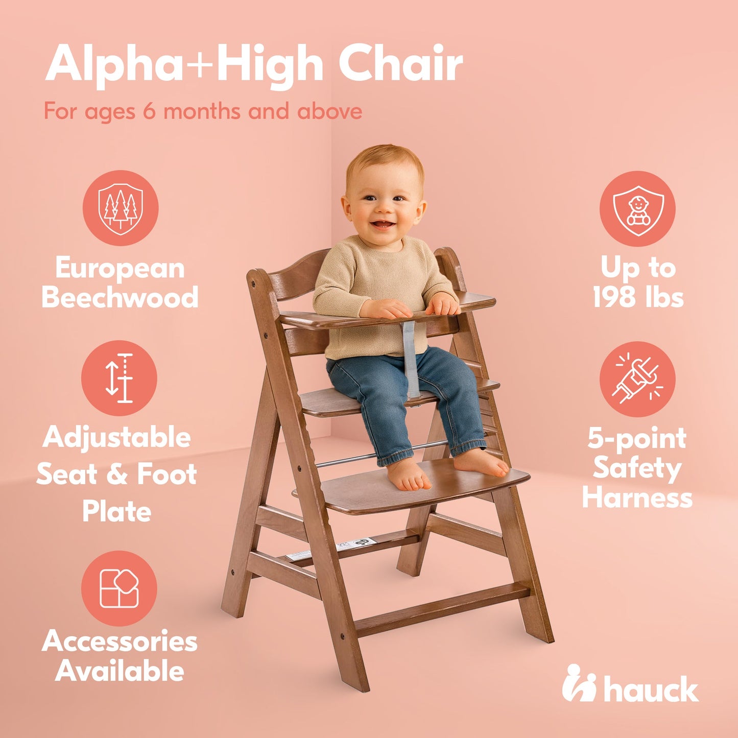 hauck Alpha+ Grow Along Adjustable Wooden Booster High Chair, Beechwood, Walnut