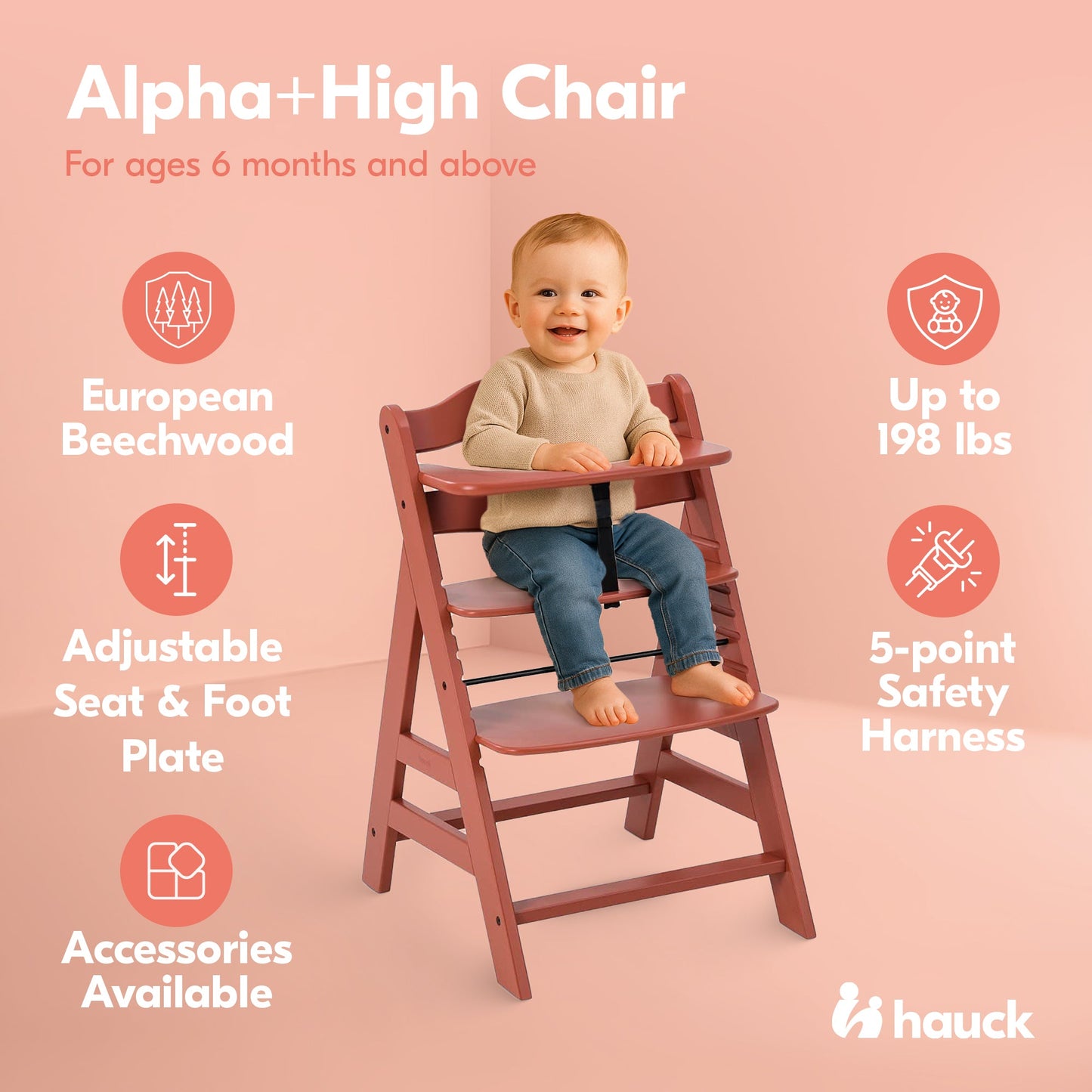 hauck Alpha+ Grow Along Adjustable Wooden Highchair, Beechwood, Cork Finish