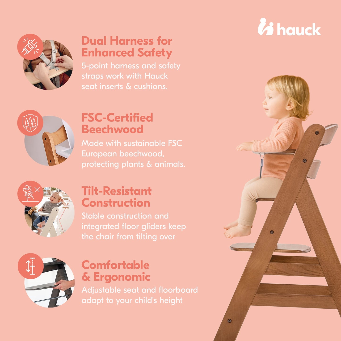 hauck Alpha+ Grow Along Adjustable Wooden Booster High Chair, Beechwood, Walnut